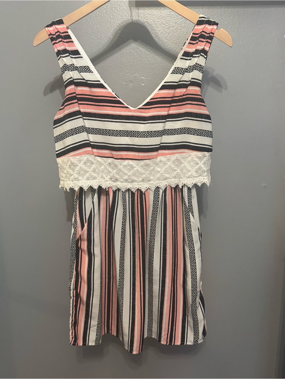 Rewind Pink Black White Striped Mini Dress with pockets